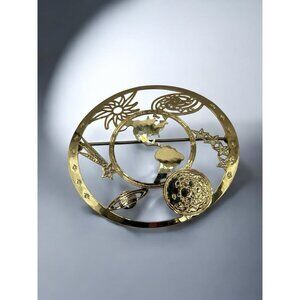 Wild Bryde Goldtone Celestial Brooch Pin Space‎ Open Round Earth Shooting Star